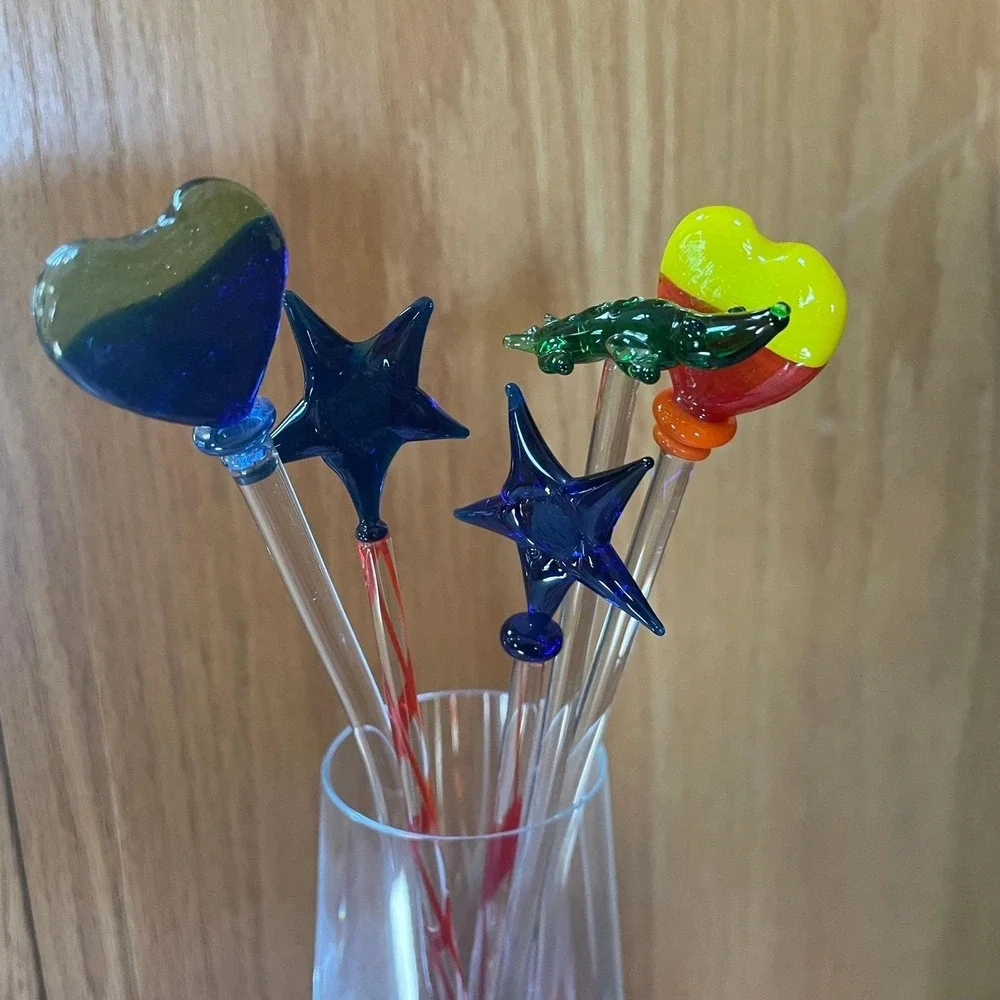 Vintage Glass Star Heart Crocodile Cocktail Swizzle Sticks‎ Set of 5 – 7–8